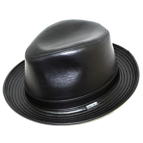 Winner Caps Black 100%  Leather Fedora Dress Hat